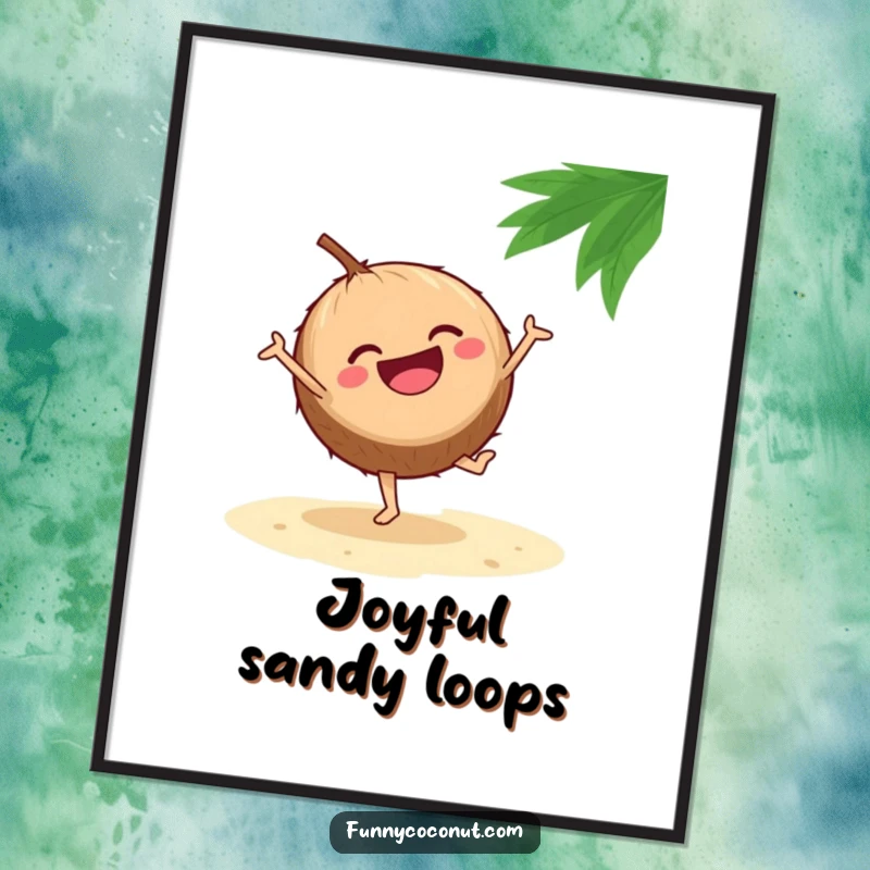 Funny digital art print of a laughing coconut energetically doing a cartwheel on a sandy beach, capturing pure joy and movement.
