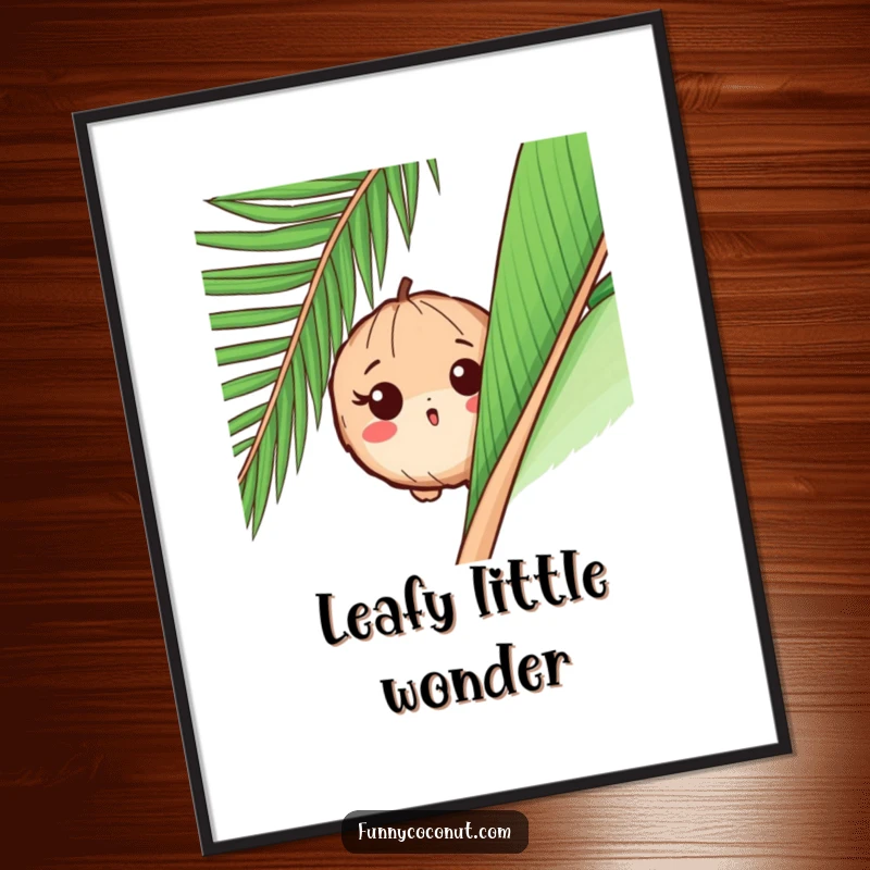 Funny digital art print of a surprised coconut peeking from behind a palm leaf, conveying playful curiosity and tropical charm.