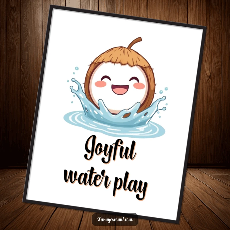 Funny digital art print of a grinning coconut joyfully splashing in water, radiating pure happiness and aquatic fun.