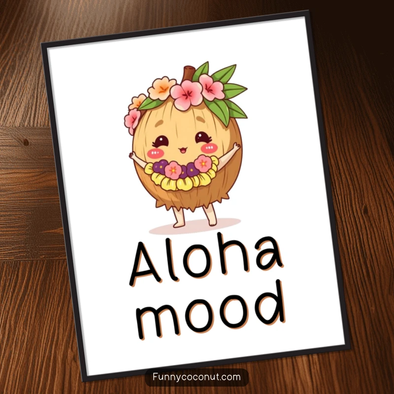 Funny digital art print of a coconut wearing a lei, doing a lively hula dance, for instant download.