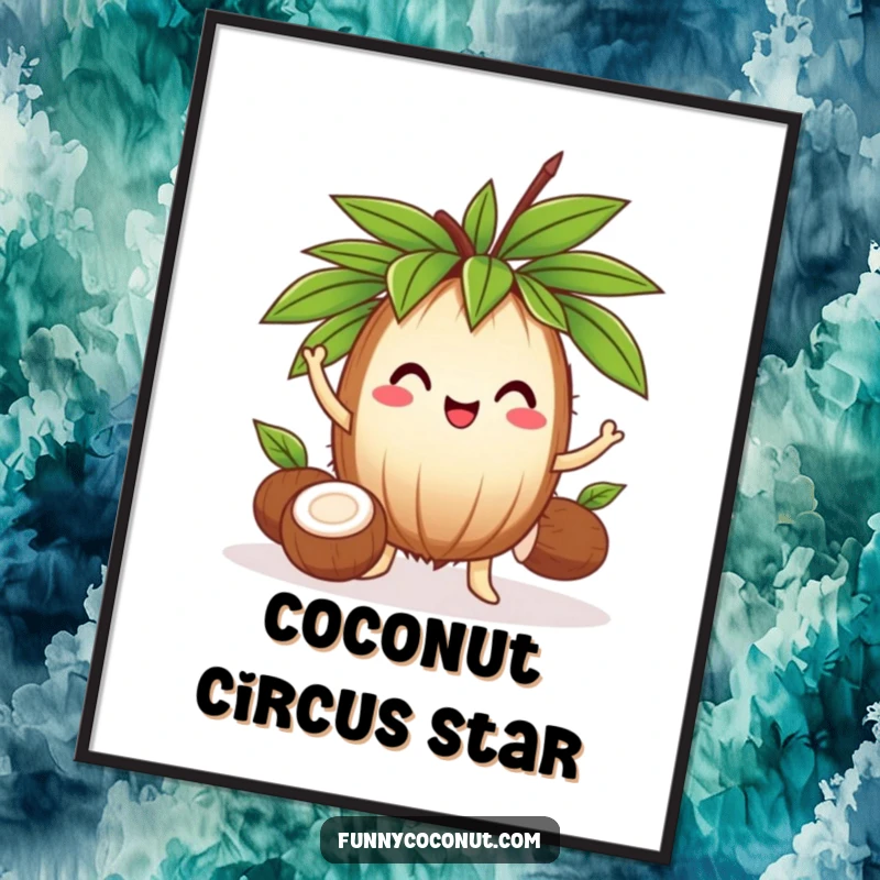 Funny cheerful coconut wearing a leafy crown, juggling three smaller coconuts, a downloadable digital art print for humorous decor.