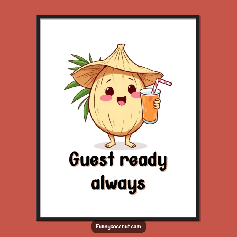 Funny Kawaii Coconut Serving Drink Digital Art - Instant Tropical Decor Gift