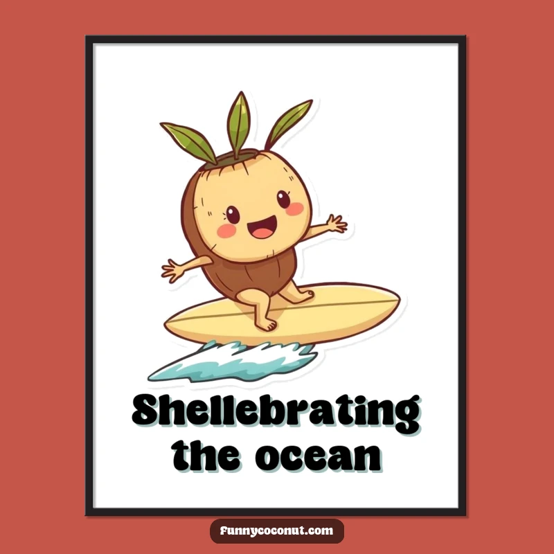 Funny Playful Coconut Surfer Digital Art: Instant Shell Surfboard Decor Gift