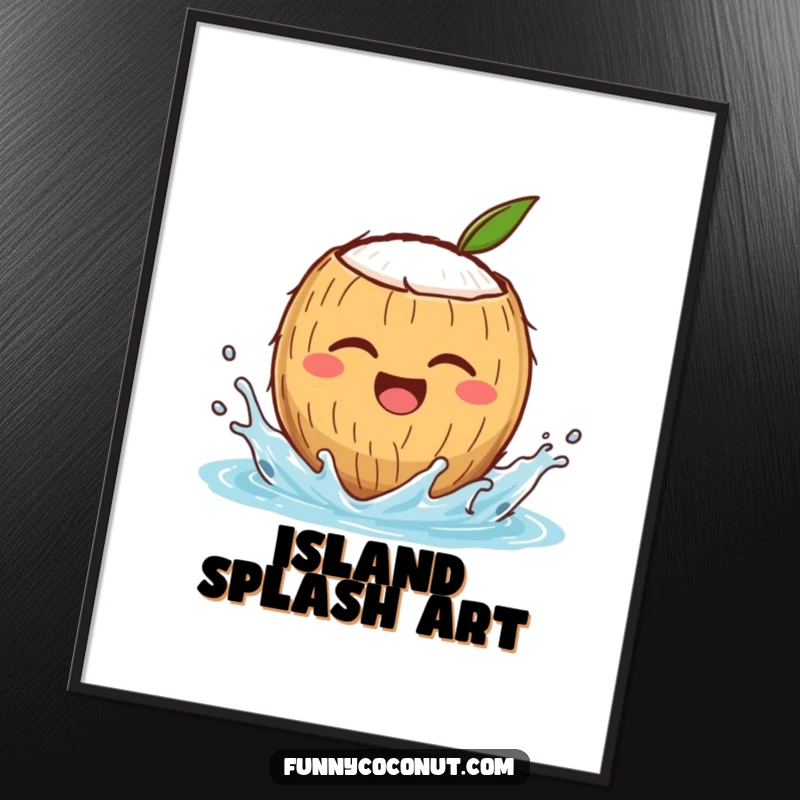 Funny digital art print of a winking coconut character splashing water, perfect for instant tropical decor and as a humorous downloadable gift.