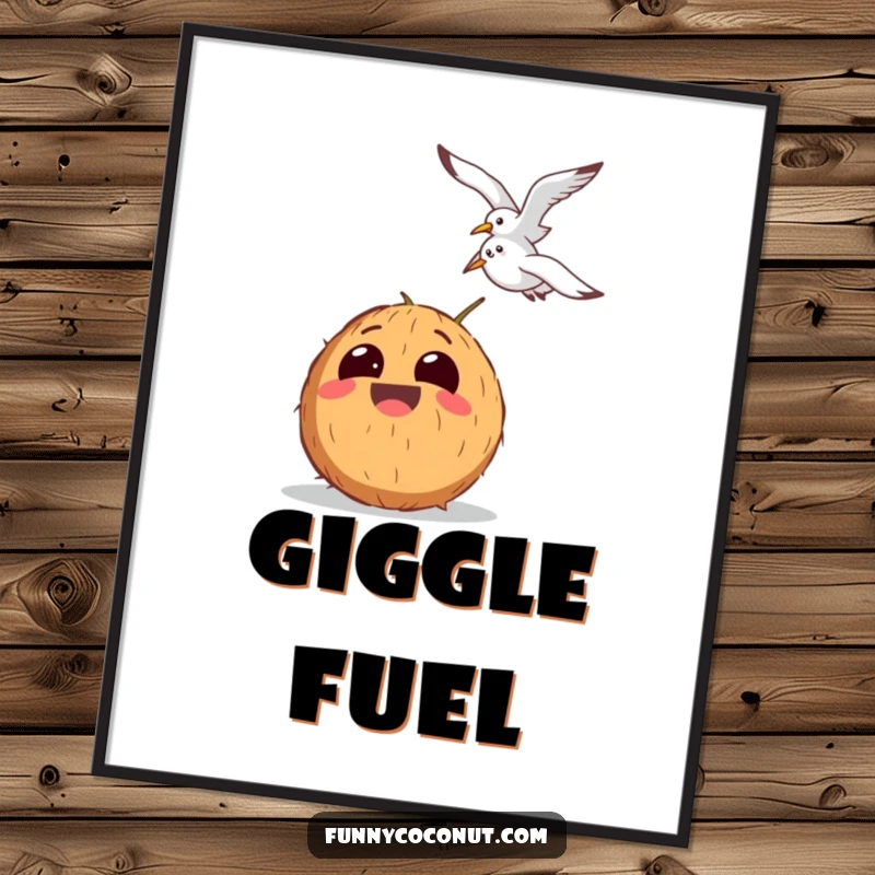 Funny digital art of a laughing coconut with exaggerated eyes watching a seagull fly past, ready for printing.