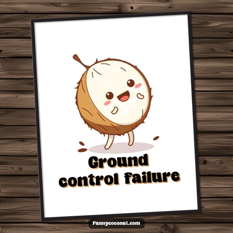 Funny kawaii coconut wobbling comically while attempting a cartwheel, as a digital art print for instant wall decor.