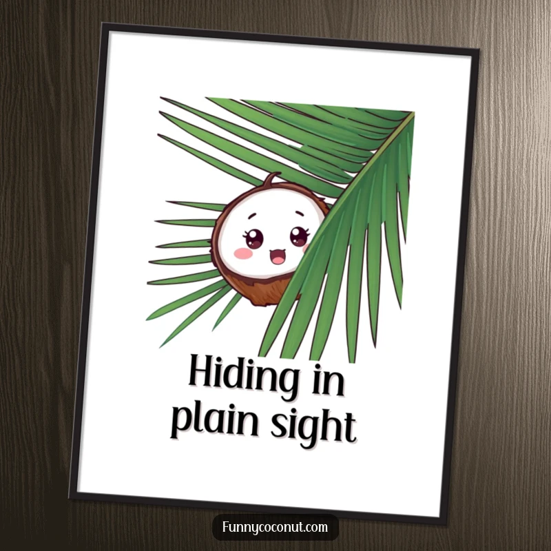 Funny Surprised Coconut Digital Art Print, a coconut comically peeking from behind palm fronds with wide eyes, offering a tropical surprise.