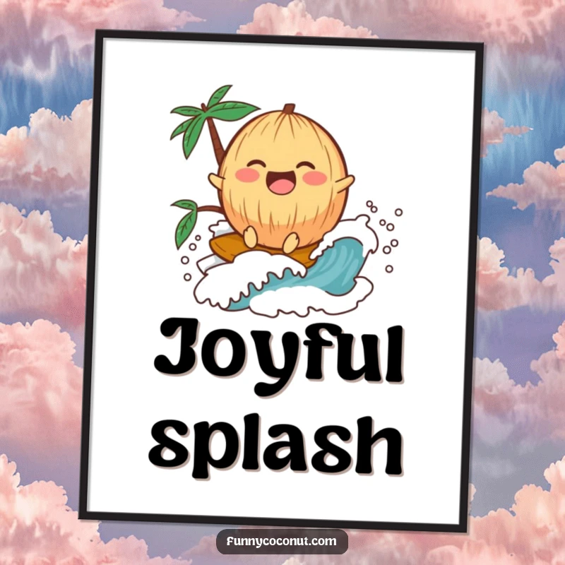 Funny laughing kawaii coconut riding a miniature wave, as a digital art print for instant wall decor.