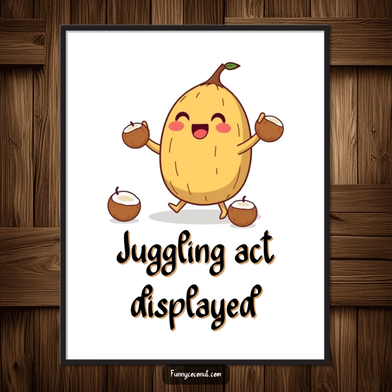 Funny Coconut Juggler Digital Art Print: A jubilant coconut character juggles smaller coconuts with a happy expression, radiating fun and skill, perfect for decor.