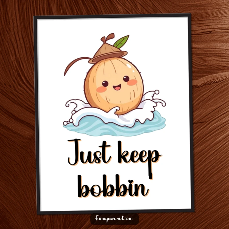 Funny coconut with a tiny hat, bobbing on a gentle wave, a downloadable digital art print for cute and humorous decor.