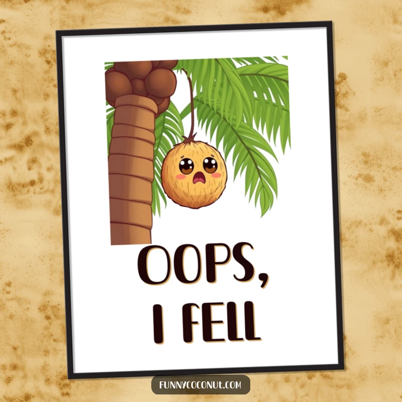 Funny coconut with wide eyes falling from a palm tree, a downloadable digital art print for humorous and comical decor.