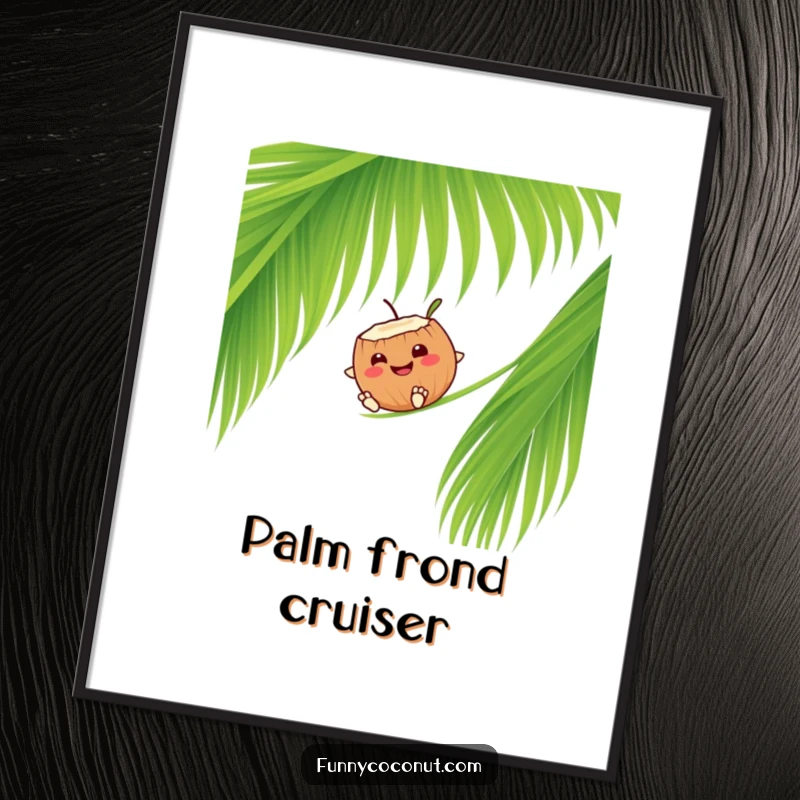 Funny smiling coconut character sliding down a palm frond, a downloadable art print.