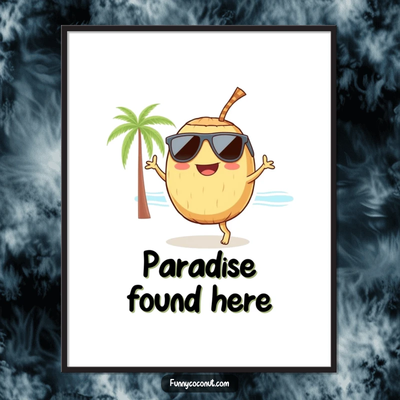 Funny coconut with sunglasses and a straw, dancing on a beach, a downloadable digital art print for vibrant, humorous decor.