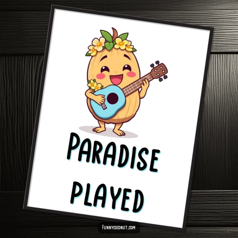 Funny jovial coconut character wearing a lei and playing a ukulele, digital art print.