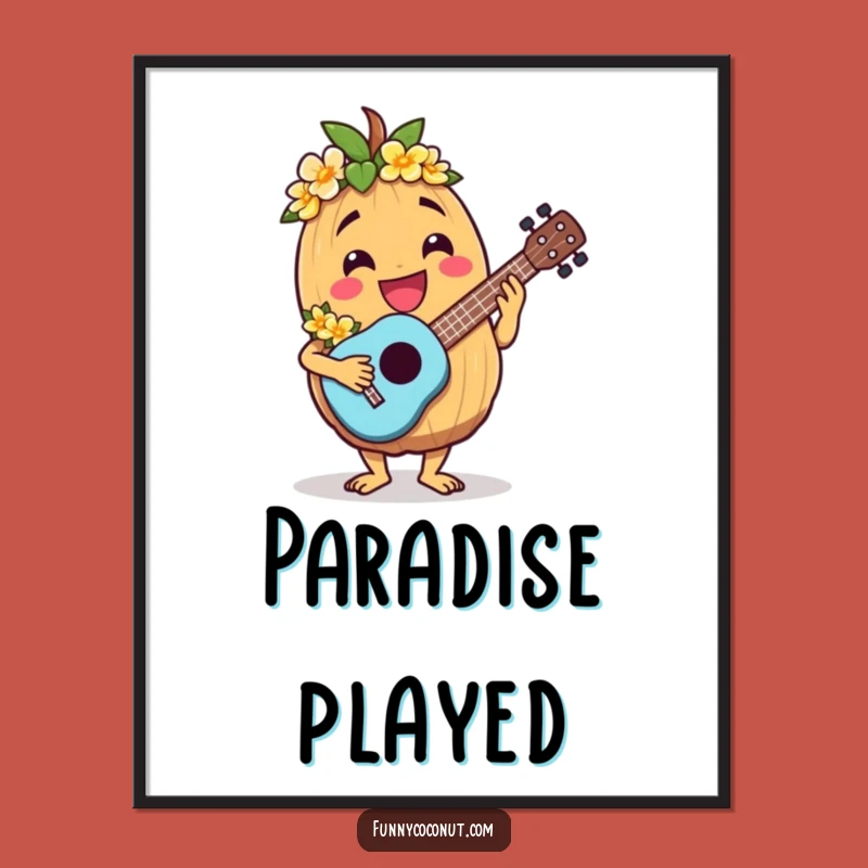Funny Jovial Coconut Ukulele Digital Art - Instant Tropical Music Decor