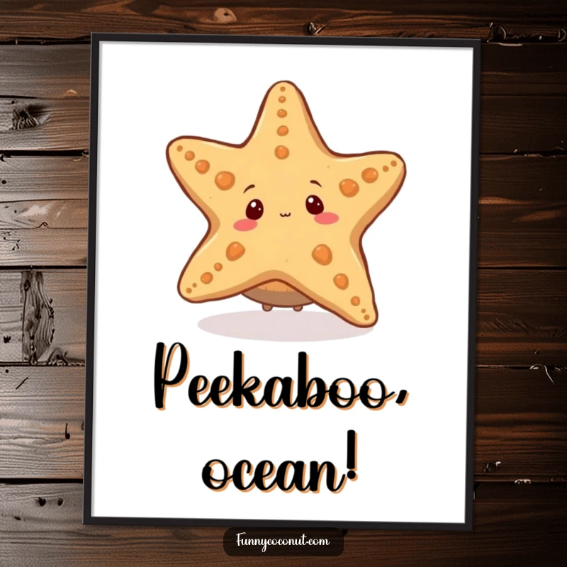 Funny digital art print of a coconut character peeking from behind a large starfish, perfect for whimsical and instant ocean-themed wall decor.