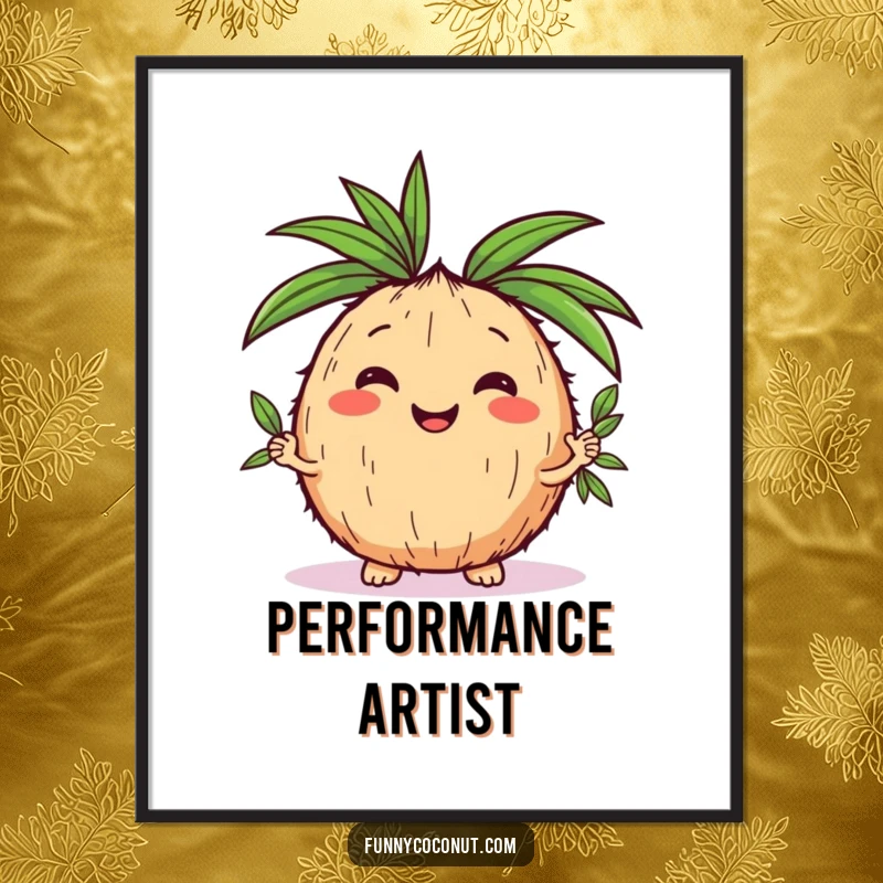 Funny kawaii coconut juggling palm leaves, high-resolution digital art print for instant, cheerful tropical decor.