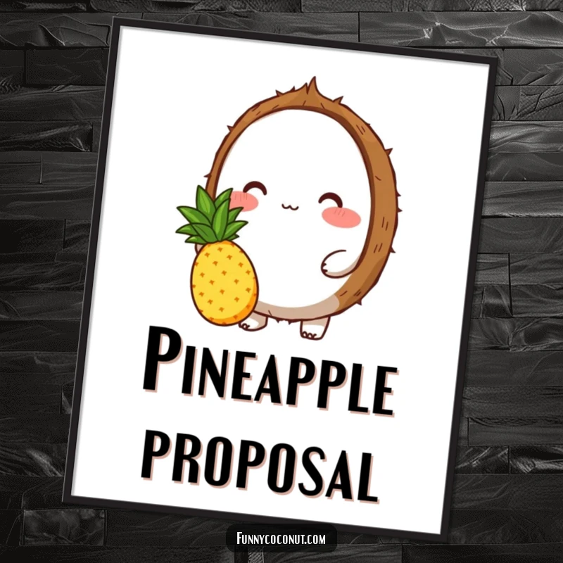 Funny digital art print of a blushing coconut character offering a pineapple, perfect for instant sweet and humorous tropical-themed wall decor.
