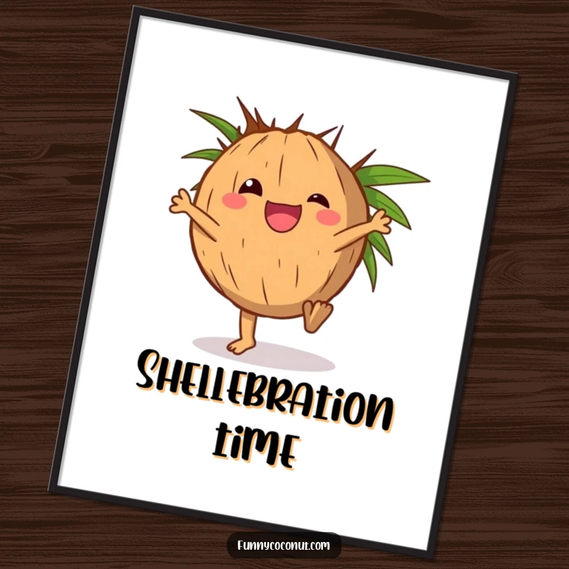 Funny delighted coconut character doing a cartwheel with its husk, digital art print.