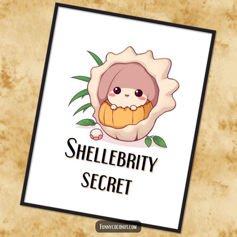 Funny digital art of a curious coconut peeking from behind a large seashell, ready for printing and display.