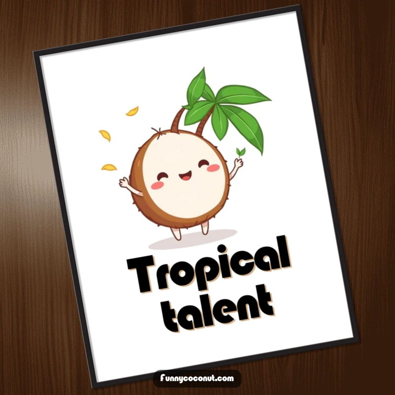 Funny Digital Art Print: A high-resolution image of a cheerful coconut character artfully juggling small palm leaves, bringing tropical humor home.