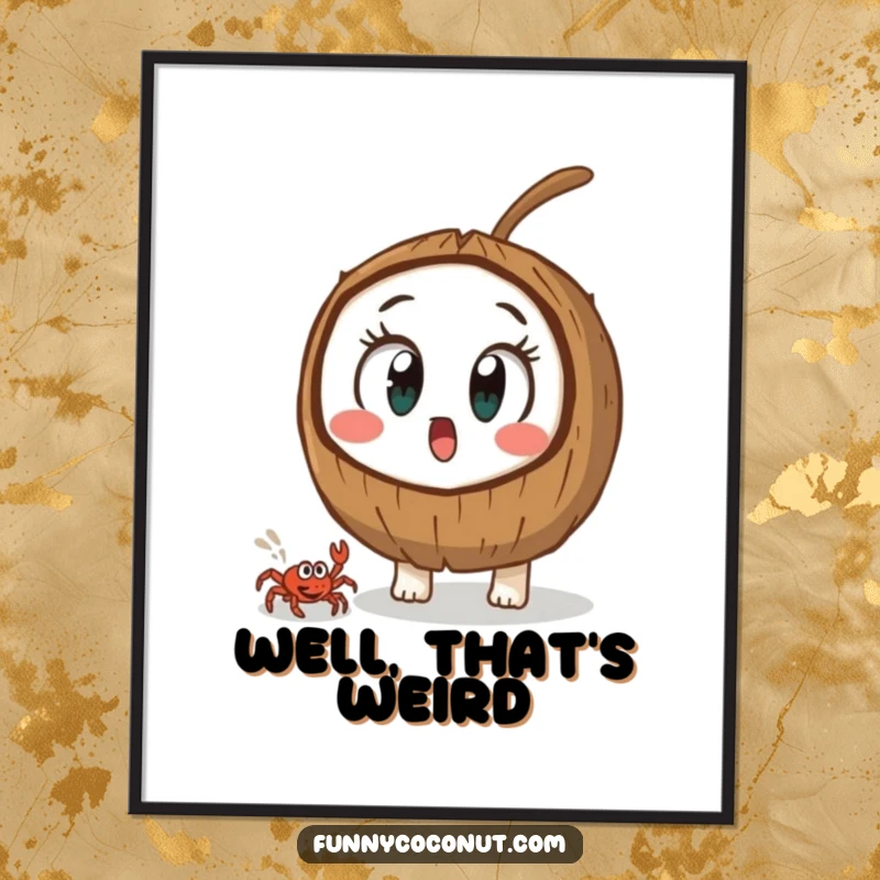 Funny coconut with comically wide eyes, fixated on a tiny crab, a humorous digital art print for surprise lovers.