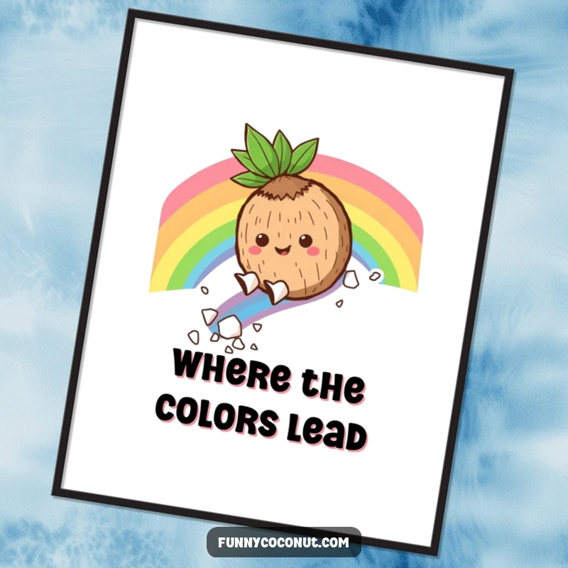 Funny Digital Art Print: A happy coconut character joyfully descends a rainbow, scattering flakes, a vibrant and humorous illustration.