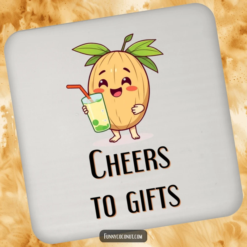 Funny drink coaster with a smiling coconut character presenting a refreshing beverage, adding charm to any table.