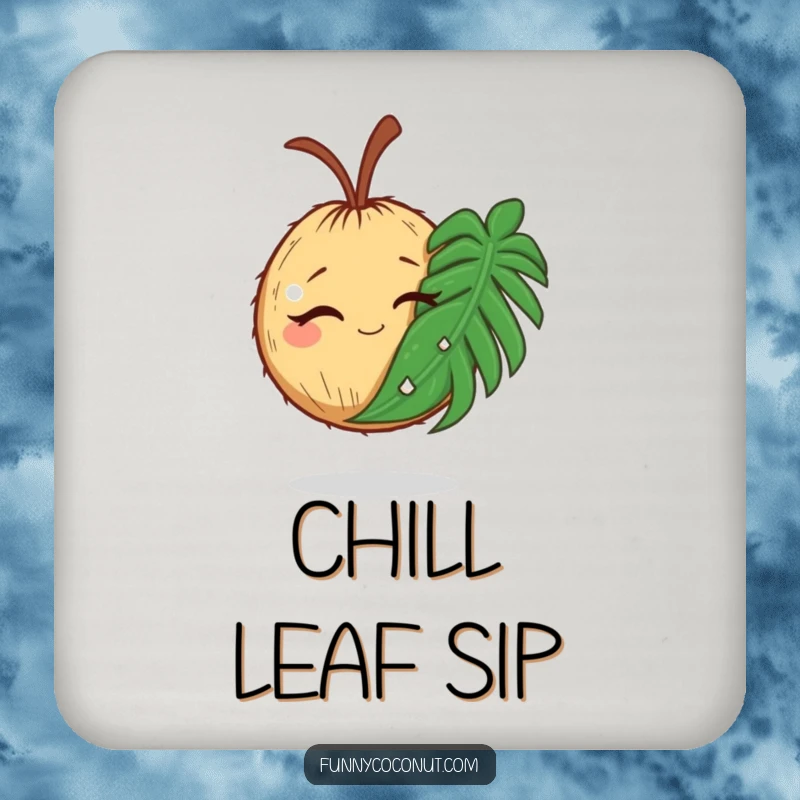 Funny drink coaster with a winking coconut holding a comically large palm leaf, perfect for tables.