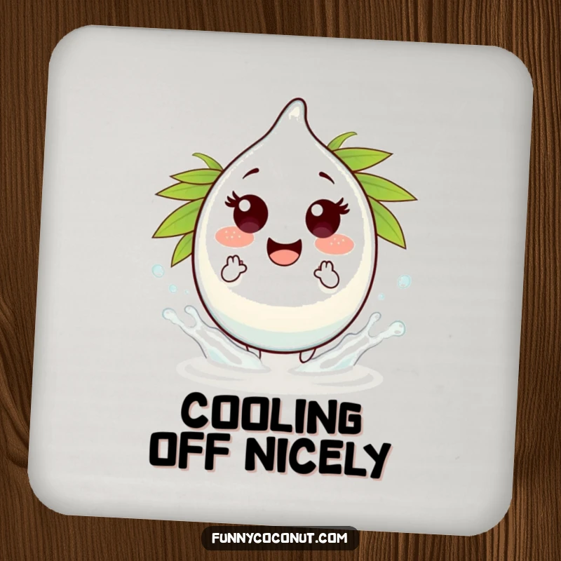 Funny coconut water droplet character coaster, making tiny splashes, adds playful charm and protects table surfaces.