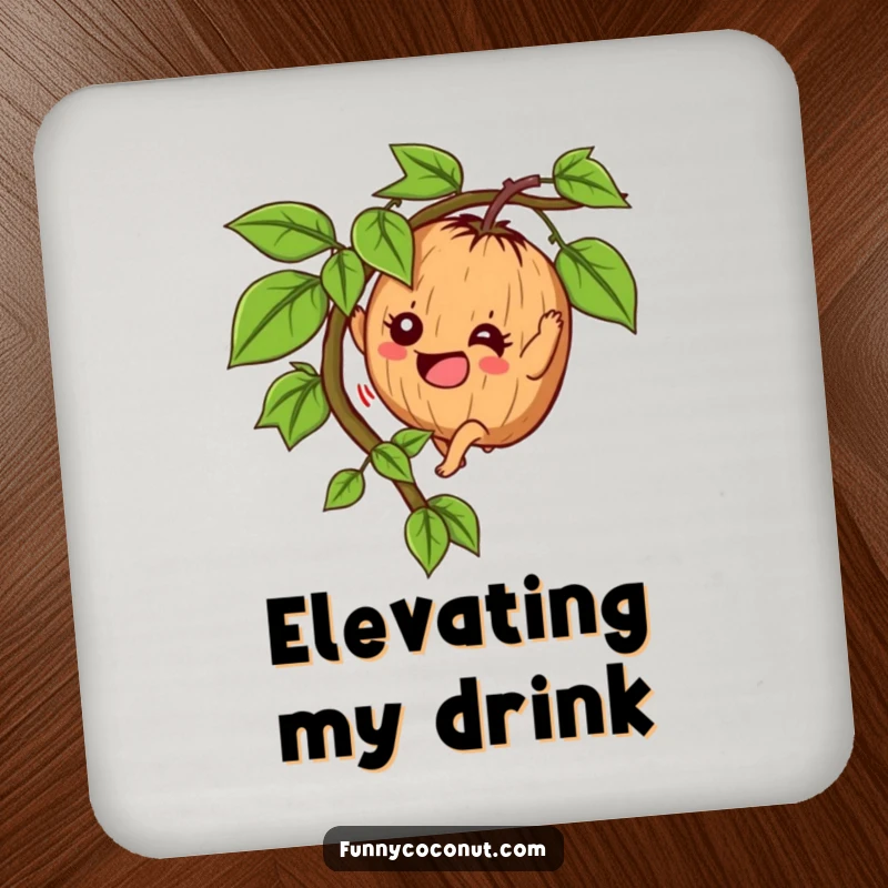 Funny Determined Coconut Coaster: A climbing coconut character with enthusiasm, adding tropical humor to any surface.