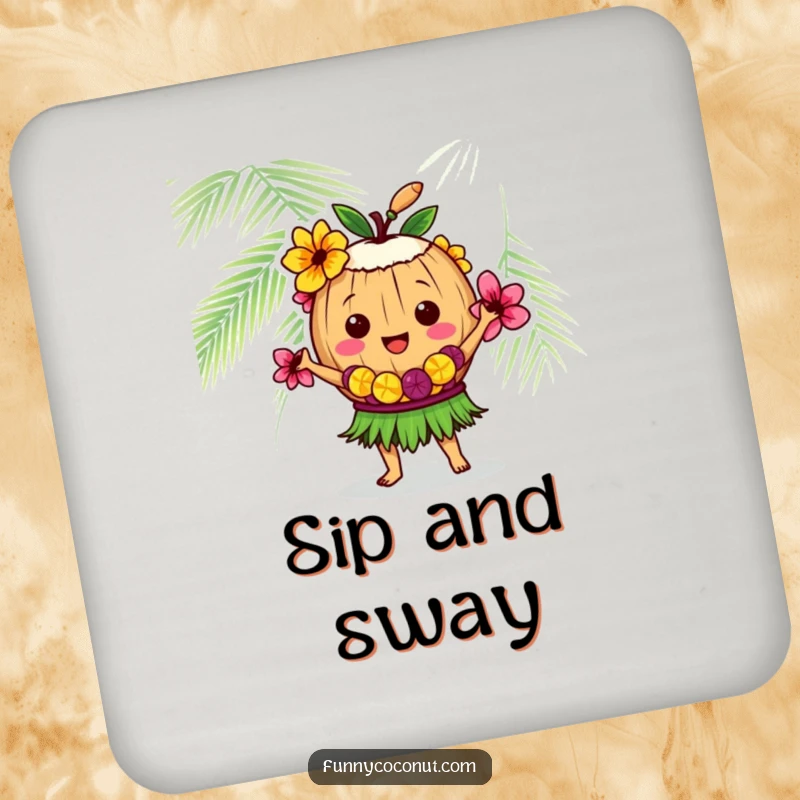 Funny coconut character dancing the hula in a lei, a humorous and protective coaster for drinks.