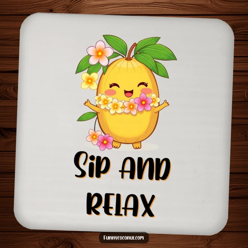 Funny coaster with a delighted coconut character offering a flower lei, protecting surfaces with tropical humor, a great bar gift.