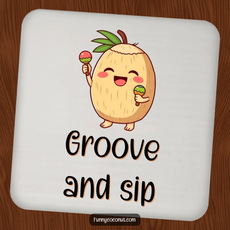 Funny drink coaster featuring a happy coconut character joyfully shaking tiny maracas, adding a touch of rhythm and humor to any surface.