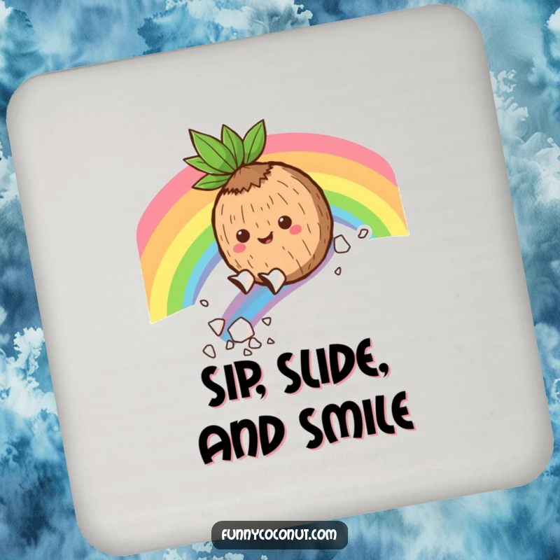 Funny Coaster: Smiling coconut character slides down a rainbow, leaving flakes, adorably protecting your surfaces with humor.