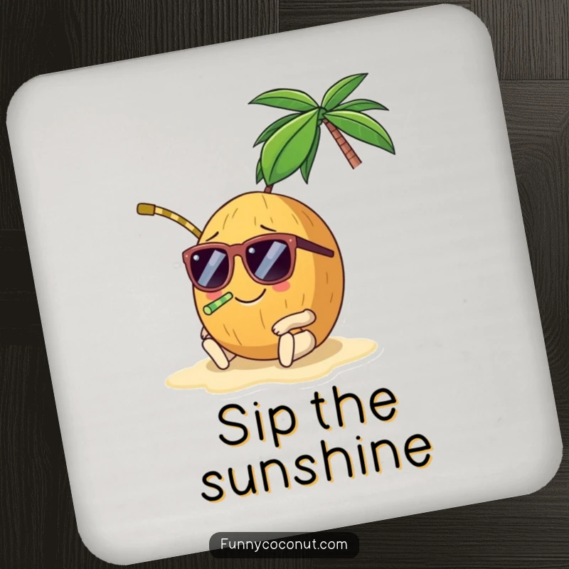 Funny coconut drink coaster, a smiling coconut wearing sunglasses and a straw, lounging on a beach, protecting surfaces with fun.