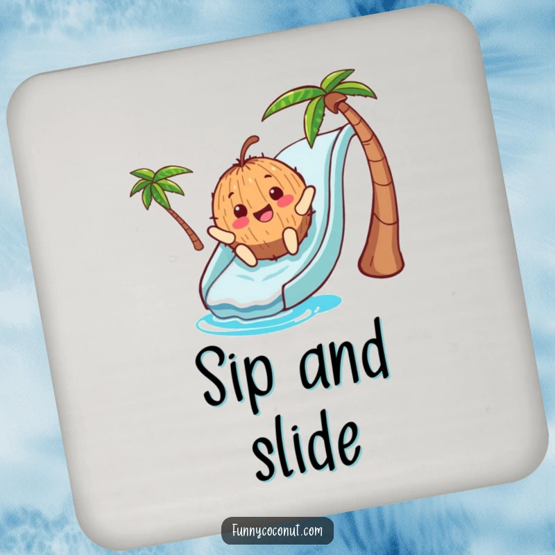 Funny Drink Coasters: A set featuring a smiling coconut character sliding down a vibrant blue waterslide, bringing summer fun to your tabletop.