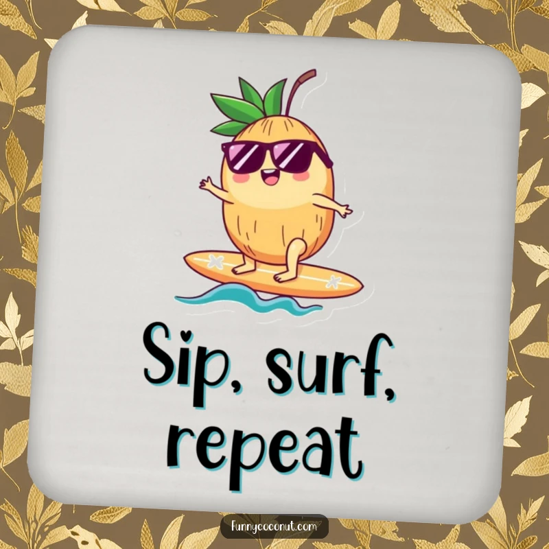 Funny drink coaster featuring a happy coconut wearing sunglasses, riding a surfboard, adding a touch of humor to any drink.