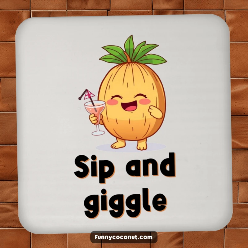 Funny giggling coconut character holding a cocktail with an umbrella, a humorous and protective drink coaster.