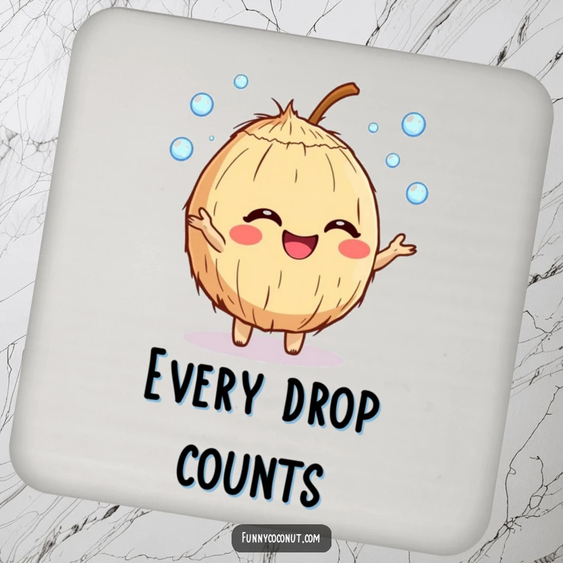 Funny giggling coconut character coaster juggling dewdrops, adds humor and protects surfaces from drink rings.