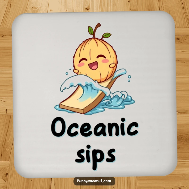Funny coasters with a giggling coconut character being pushed down a slide by a small wave.