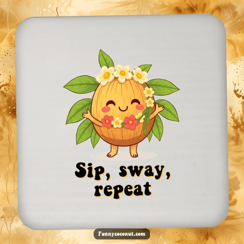 Funny Hula Coconut Coaster, a cheerful character dancing the hula, protecting surfaces with tropical fun and a big smile.