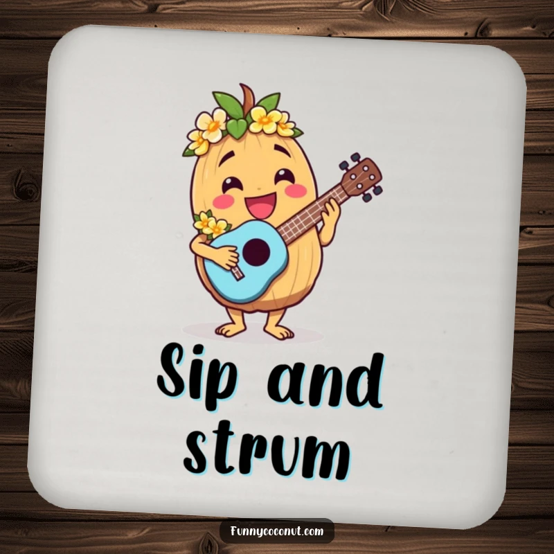Funny coasters with a jovial coconut character wearing a lei and playing a ukulele.