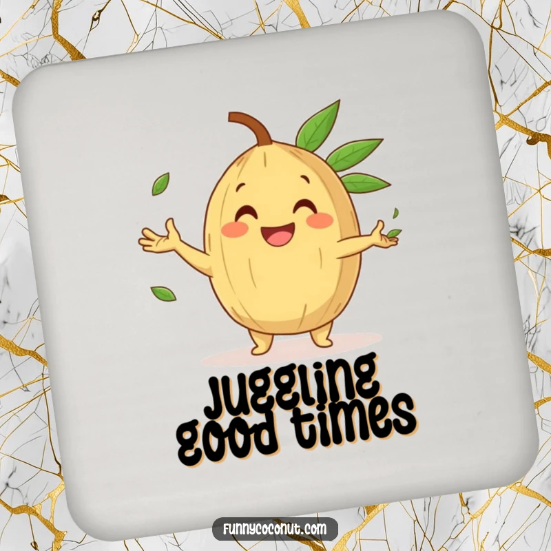 Funny Drink Coaster showing a happy coconut character with a gleeful grin, juggling small palm leaves, bringing fun.