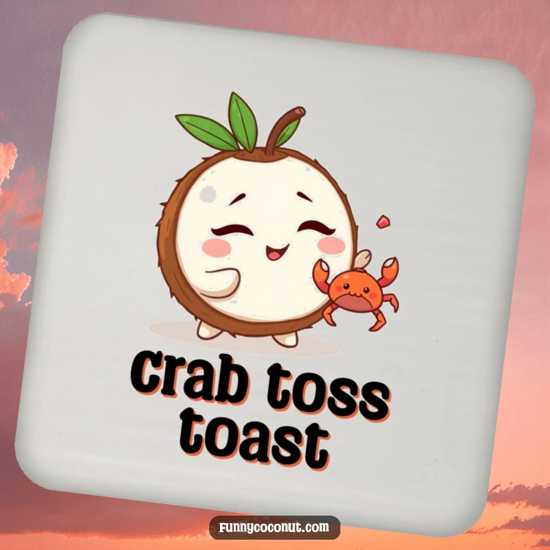 Funny Kawaii Coconut Drink Coaster: a mischievous character winking and tossing a tiny crab, adding beach fun and protection.