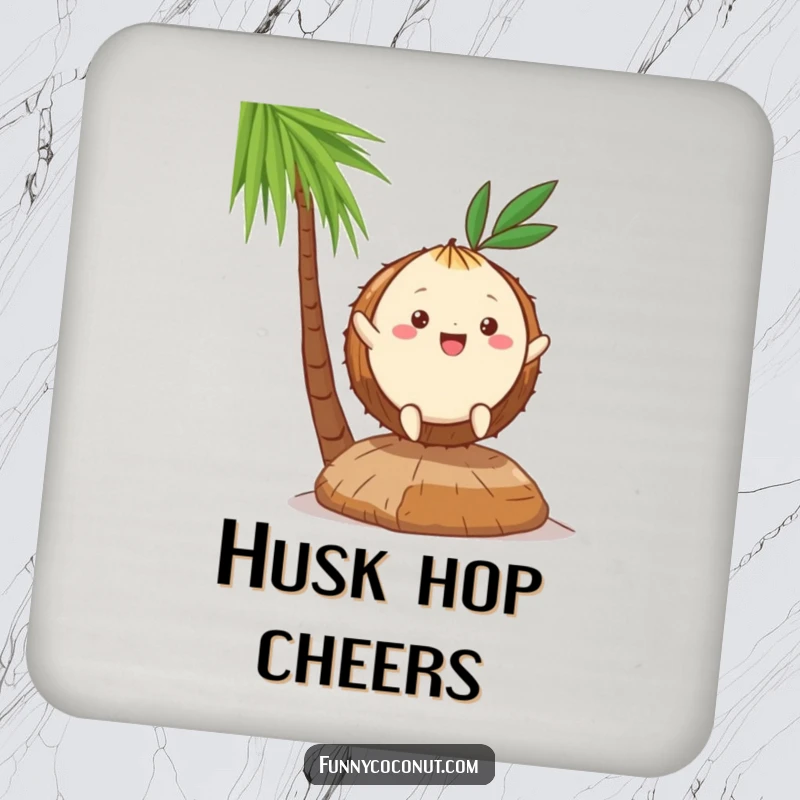 Funny Kawaii Coconut Drink Coaster: a cute character hopping on a husk, adding tropical fun and protecting surfaces.