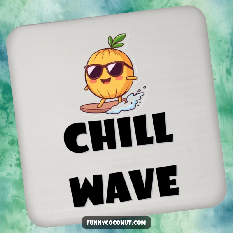 Funny Drink Coaster showing a smiling coconut character with sunglasses, surfing a small wave, bringing beachy humor.