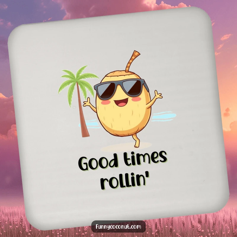 Funny smiling coconut with sunglasses and a straw, dancing on a beach, a humorous and functional drink coaster.