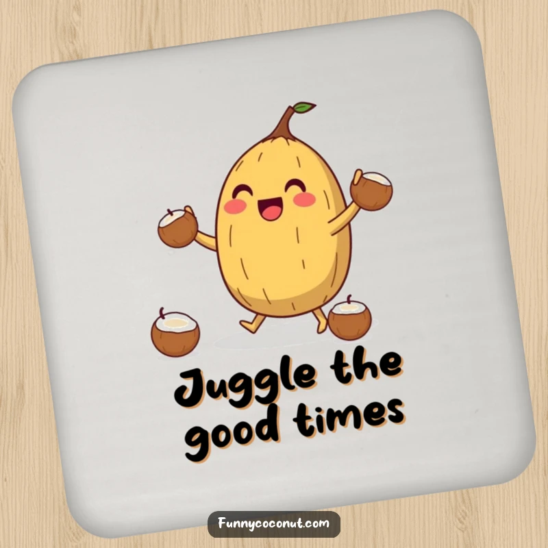 Funny Coconut Juggler Drink Coaster: A jubilant coconut character juggles smaller coconuts, offering fun protection for surfaces with a skillful touch.