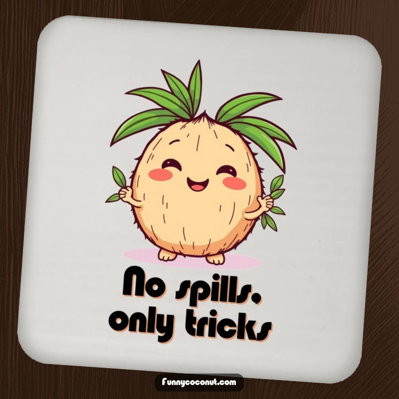 Funny kawaii coconut juggling miniature palm leaves on a protective drink coaster, adding tropical humor to surfaces.
